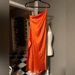Zara One Shoulder Orange Satin Slip Midi Dress With Split Hem Size Medium #Zara